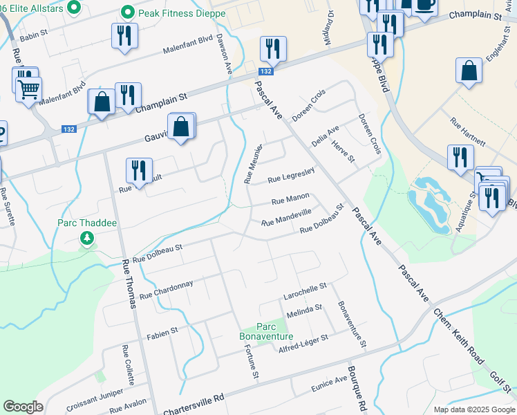 map of restaurants, bars, coffee shops, grocery stores, and more near 298 Rue Manon in Dieppe