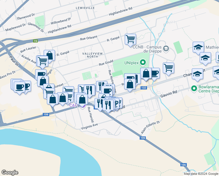 map of restaurants, bars, coffee shops, grocery stores, and more near 230 Doucet Court in Dieppe