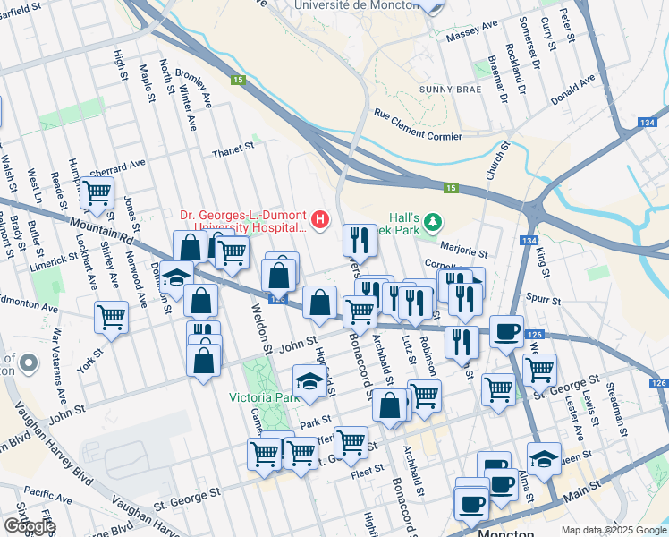 map of restaurants, bars, coffee shops, grocery stores, and more near Providence Street in Moncton