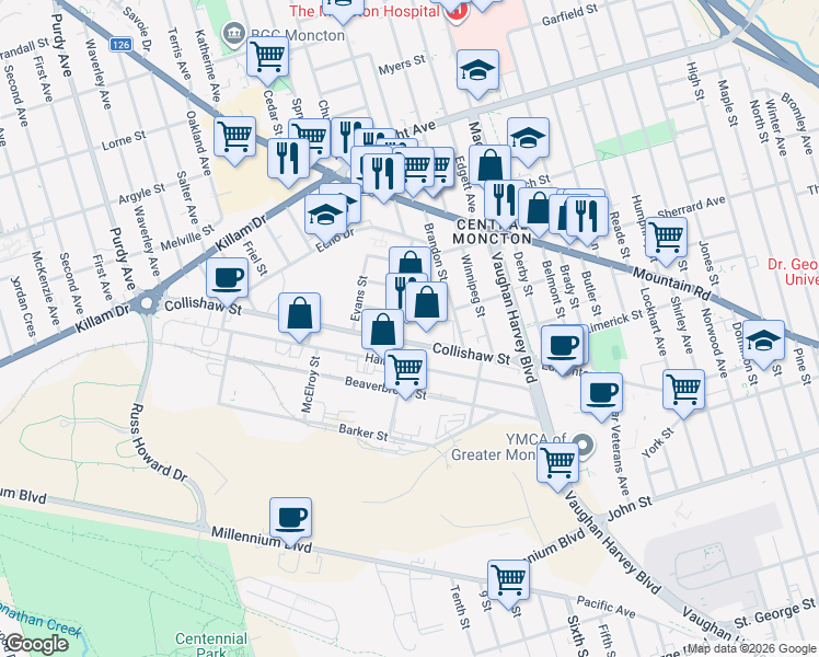 map of restaurants, bars, coffee shops, grocery stores, and more near in Moncton