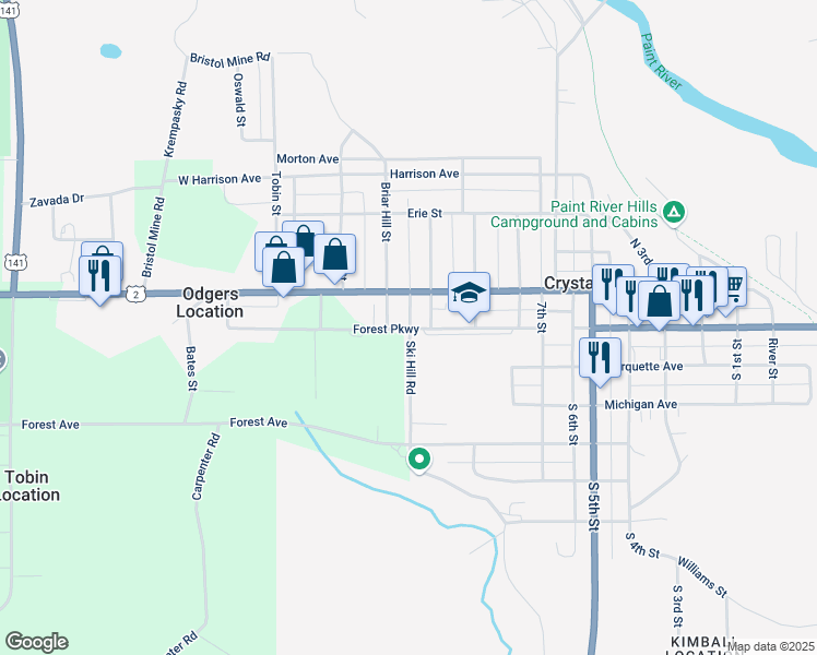 map of restaurants, bars, coffee shops, grocery stores, and more near 920 Forest Parkway in Crystal Falls