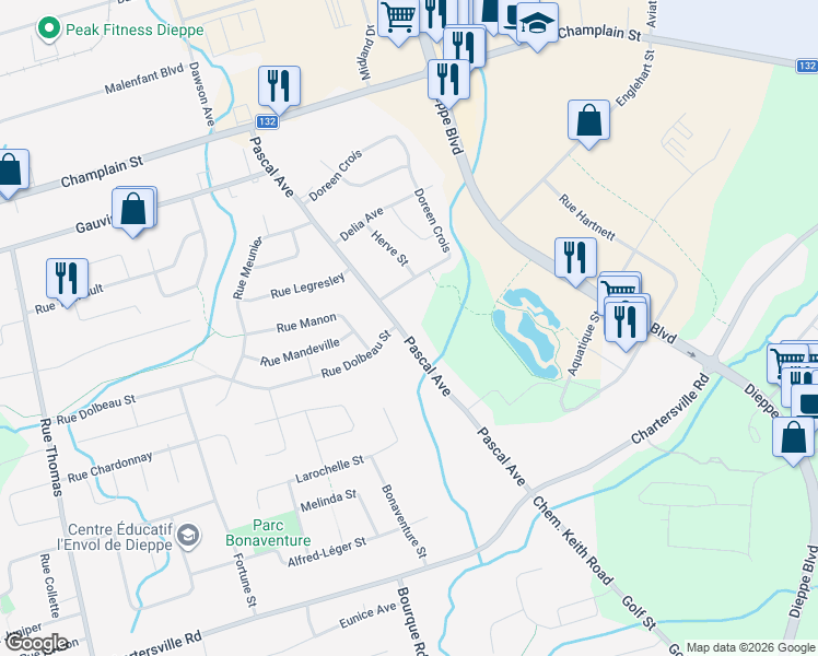 map of restaurants, bars, coffee shops, grocery stores, and more near 159 Pascal Avenue in Dieppe