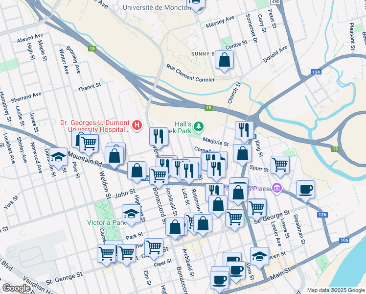 map of restaurants, bars, coffee shops, grocery stores, and more near 475 Robinson Street in Moncton