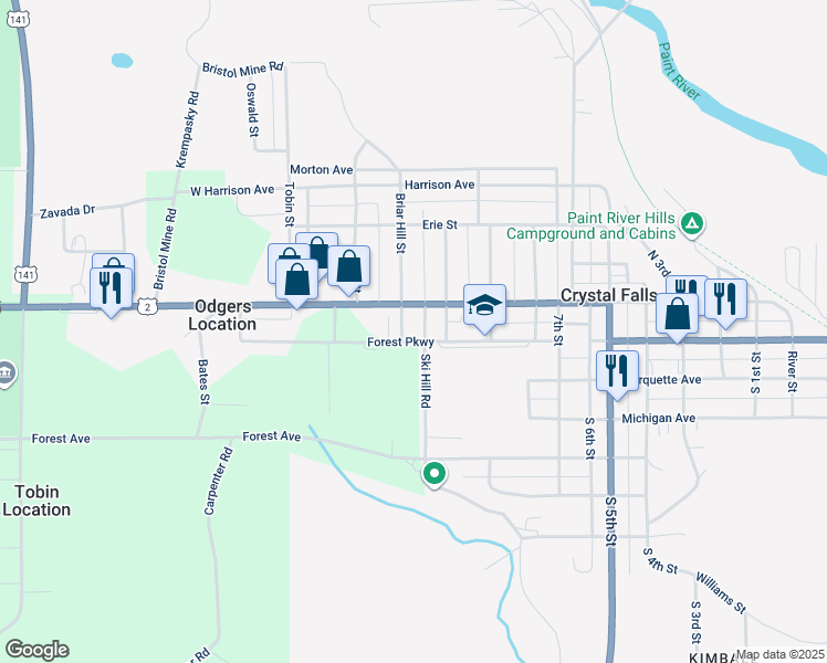 map of restaurants, bars, coffee shops, grocery stores, and more near 920 Forest Parkway in Crystal Falls