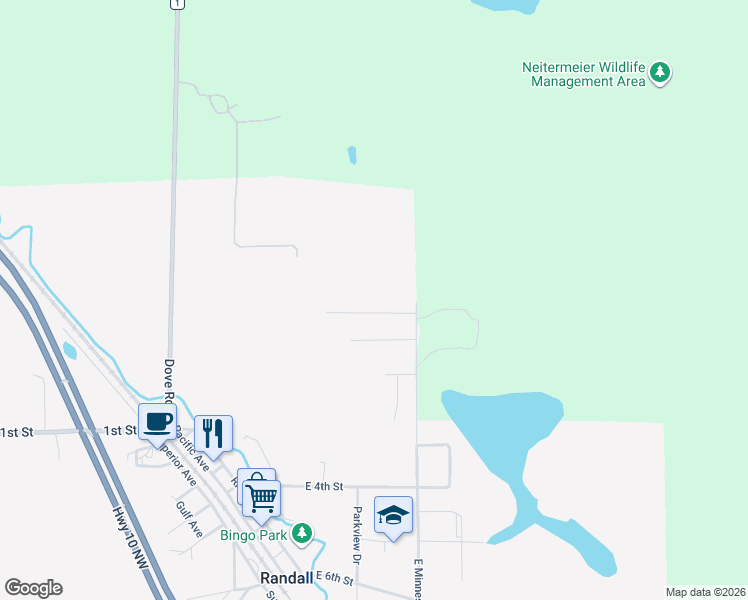 map of restaurants, bars, coffee shops, grocery stores, and more near 112 Pine View Drive in Randall