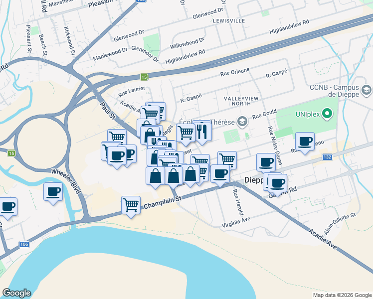 map of restaurants, bars, coffee shops, grocery stores, and more near in Dieppe