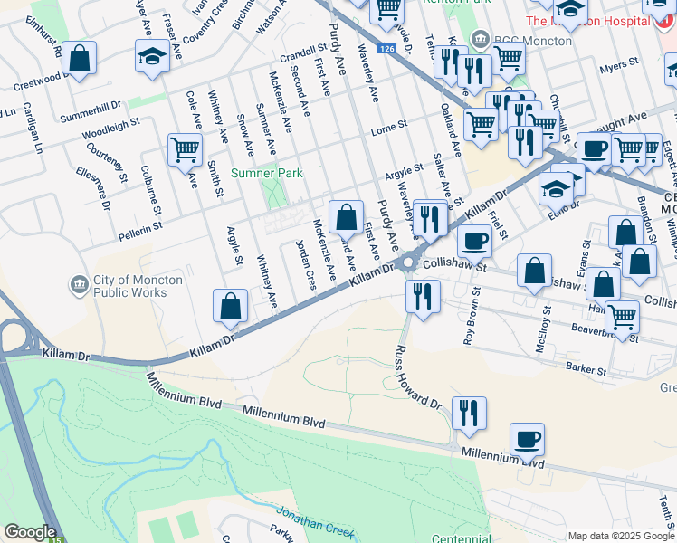 map of restaurants, bars, coffee shops, grocery stores, and more near 15 McKenzie Avenue in Moncton