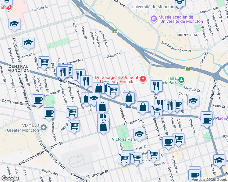 map of restaurants, bars, coffee shops, grocery stores, and more near 37 Winter Avenue in Moncton