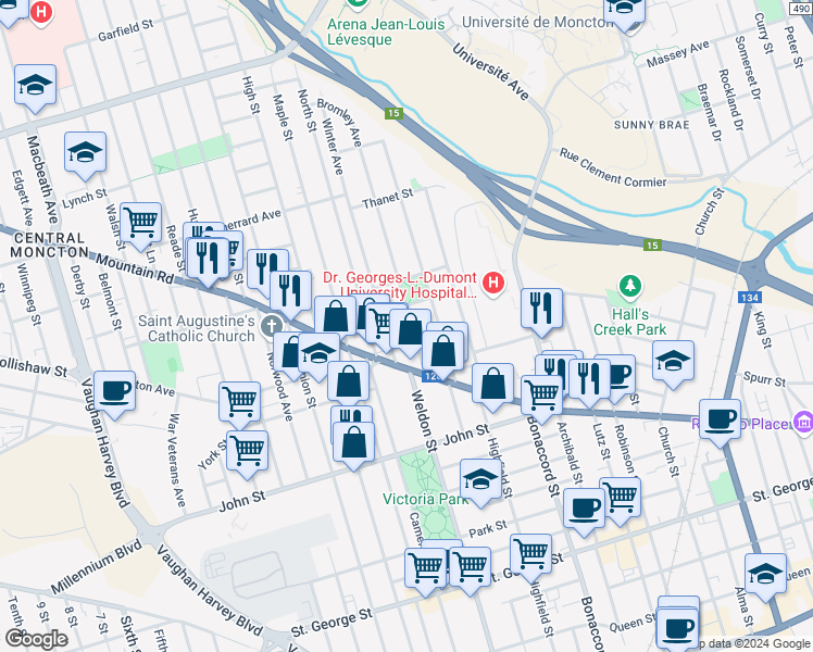 map of restaurants, bars, coffee shops, grocery stores, and more near 40 Bromley Avenue in Moncton