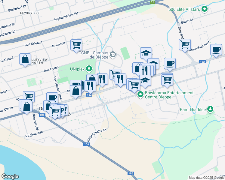 map of restaurants, bars, coffee shops, grocery stores, and more near in Dieppe