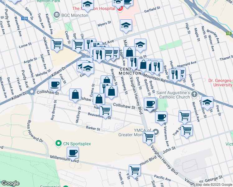 map of restaurants, bars, coffee shops, grocery stores, and more near 42 Brandon Street in Moncton