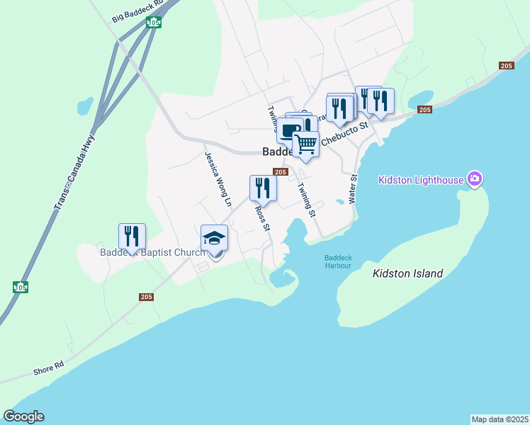 map of restaurants, bars, coffee shops, grocery stores, and more near 37 Ross Street in Baddeck