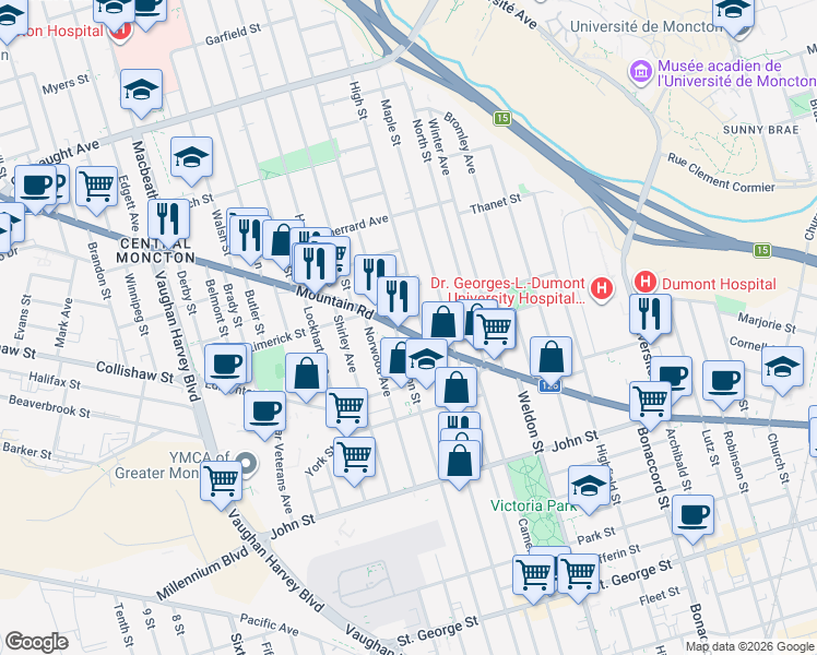 map of restaurants, bars, coffee shops, grocery stores, and more near in Moncton