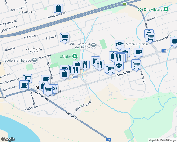 map of restaurants, bars, coffee shops, grocery stores, and more near 379 Champlain Street in Dieppe
