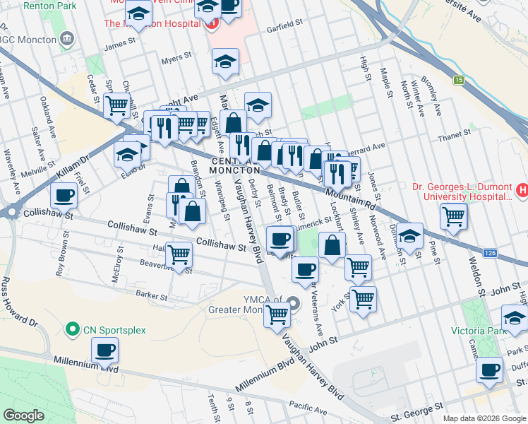 map of restaurants, bars, coffee shops, grocery stores, and more near in Moncton