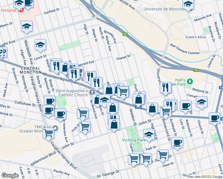map of restaurants, bars, coffee shops, grocery stores, and more near 27 Maple Street in Moncton