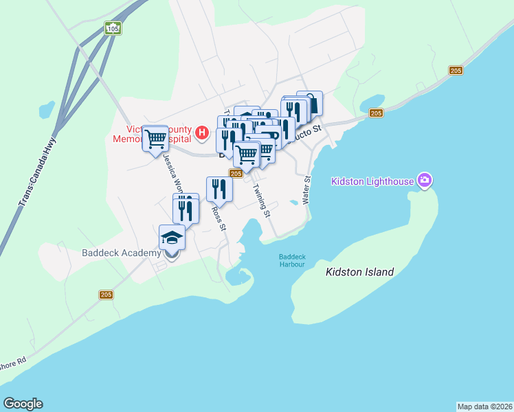 map of restaurants, bars, coffee shops, grocery stores, and more near 35 Twining Street in Baddeck