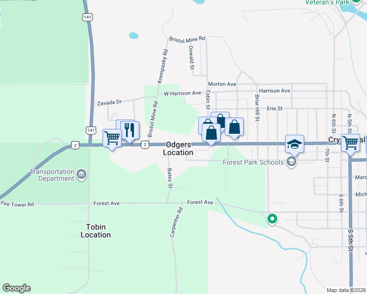 map of restaurants, bars, coffee shops, grocery stores, and more near 1311-1319 U.S. 2 in Crystal Falls
