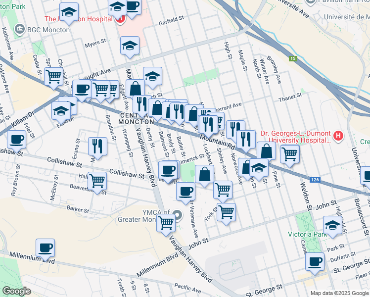 map of restaurants, bars, coffee shops, grocery stores, and more near 149 Butler Street in Moncton