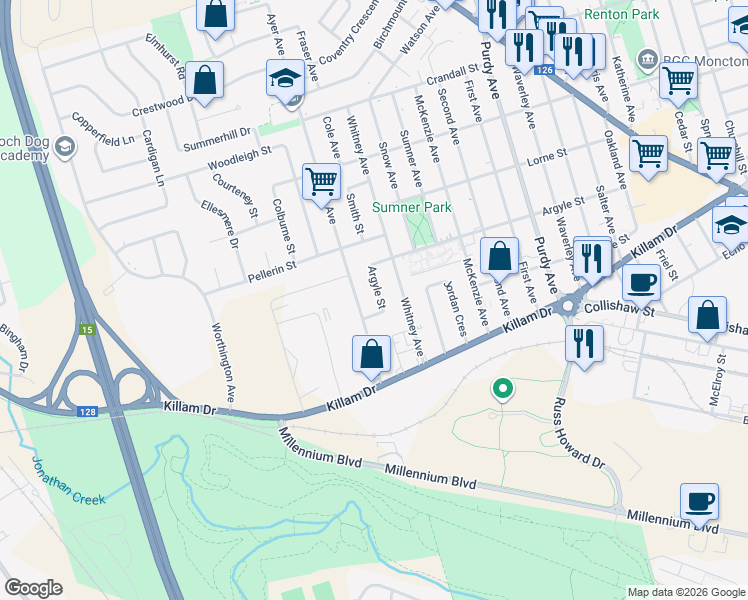 map of restaurants, bars, coffee shops, grocery stores, and more near 315 Argyle Street in Moncton