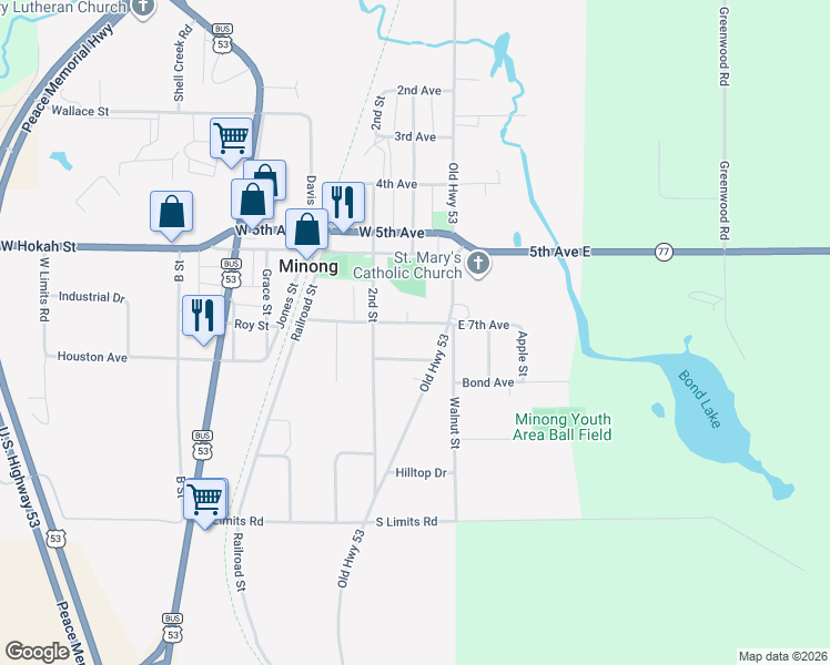 map of restaurants, bars, coffee shops, grocery stores, and more near 204 East 7th Avenue in Minong