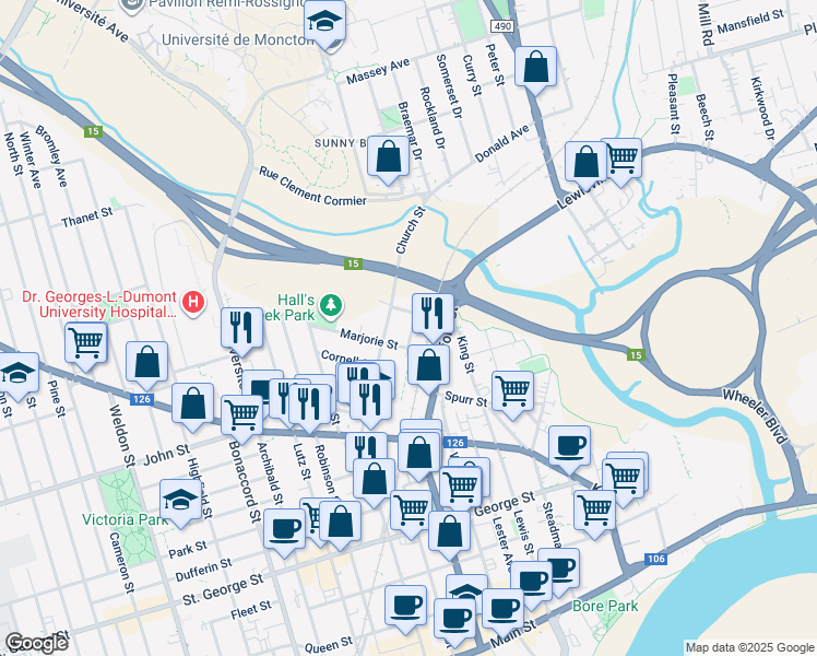 map of restaurants, bars, coffee shops, grocery stores, and more near 14 Halls Street in Moncton