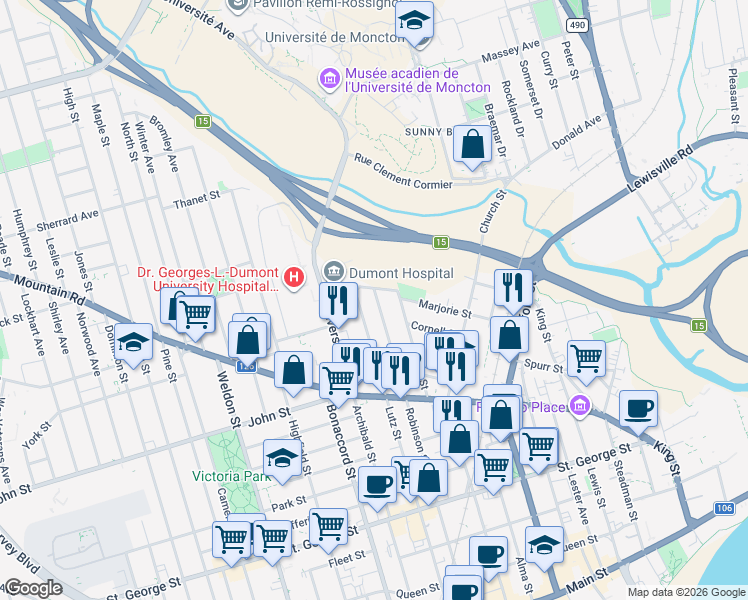 map of restaurants, bars, coffee shops, grocery stores, and more near 501 Robinson Street in Moncton