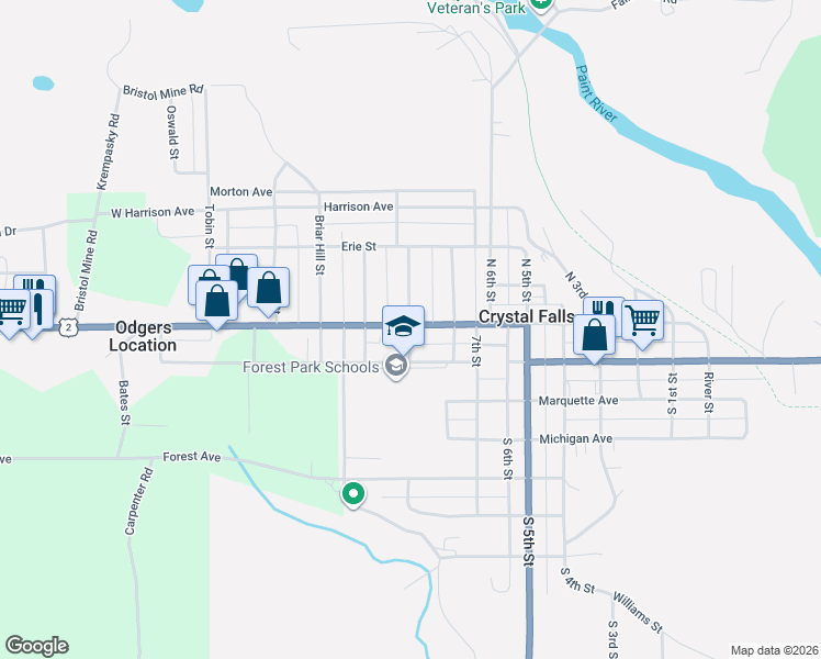 map of restaurants, bars, coffee shops, grocery stores, and more near 712-798 Crystal Avenue in Crystal Falls