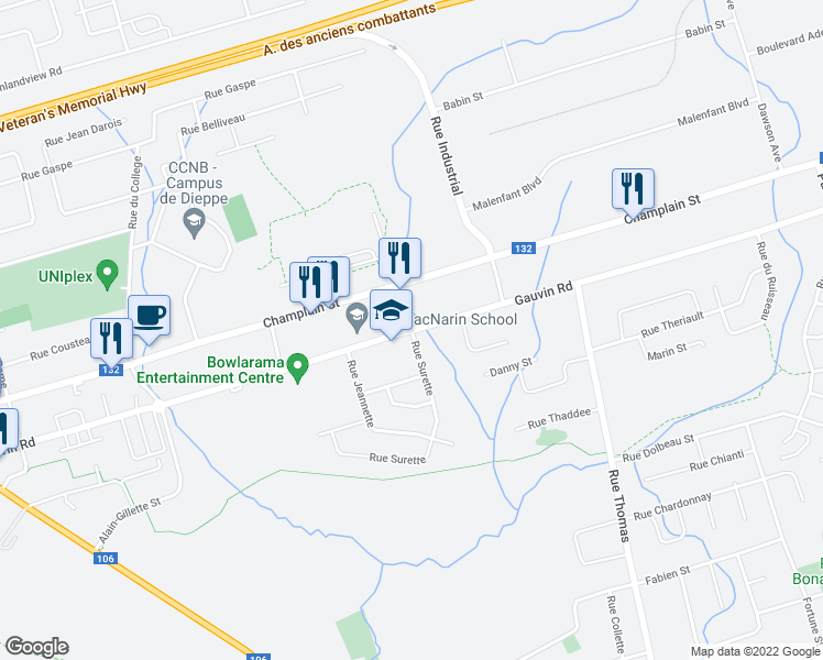 map of restaurants, bars, coffee shops, grocery stores, and more near Gauvin Road in Dieppe