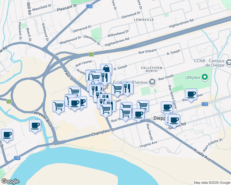 map of restaurants, bars, coffee shops, grocery stores, and more near 522 Acadie Avenue in Dieppe