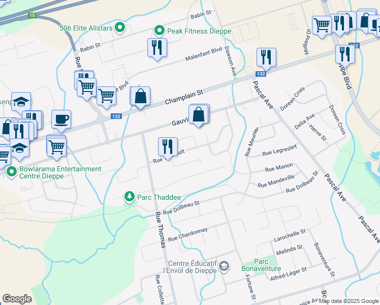 map of restaurants, bars, coffee shops, grocery stores, and more near 79 Rue Theriault in Dieppe