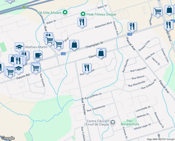 map of restaurants, bars, coffee shops, grocery stores, and more near 44 Rue Theriault in Dieppe