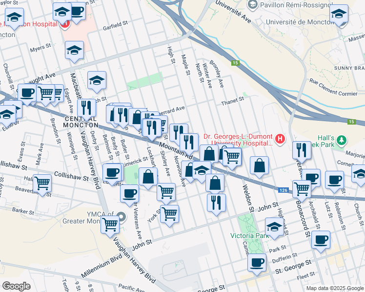 map of restaurants, bars, coffee shops, grocery stores, and more near 11 Jones Street in Moncton