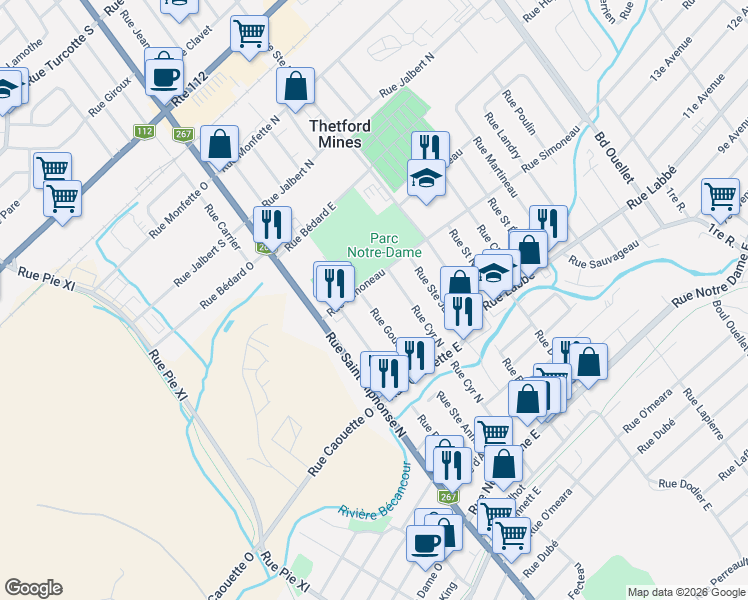 map of restaurants, bars, coffee shops, grocery stores, and more near 451 Rue Goudreau in Thetford Mines