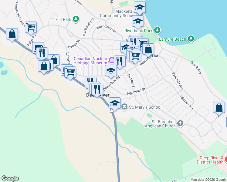 map of restaurants, bars, coffee shops, grocery stores, and more near 117 Algonquin Street in Deep River