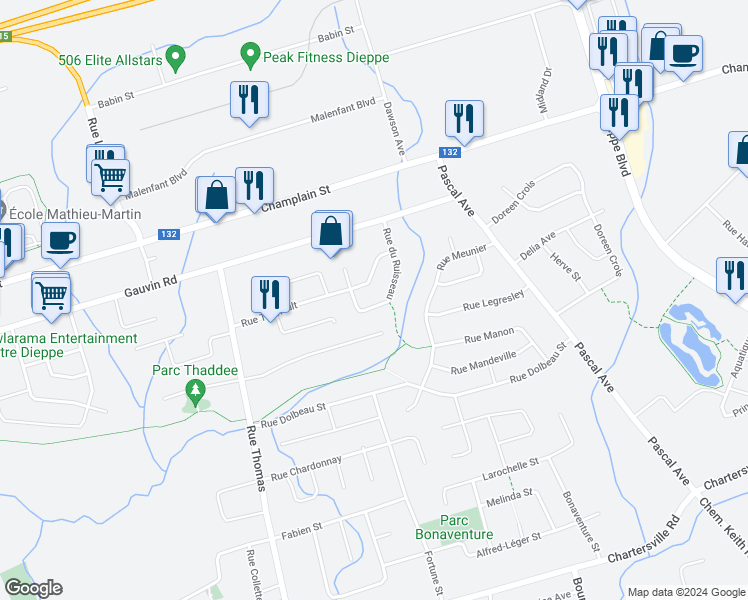 map of restaurants, bars, coffee shops, grocery stores, and more near 44 Rue du Ruisseau in Dieppe