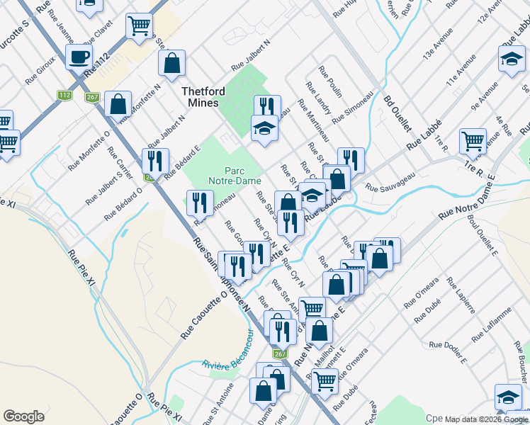 map of restaurants, bars, coffee shops, grocery stores, and more near 396 Rue Sainte Julie in Thetford Mines