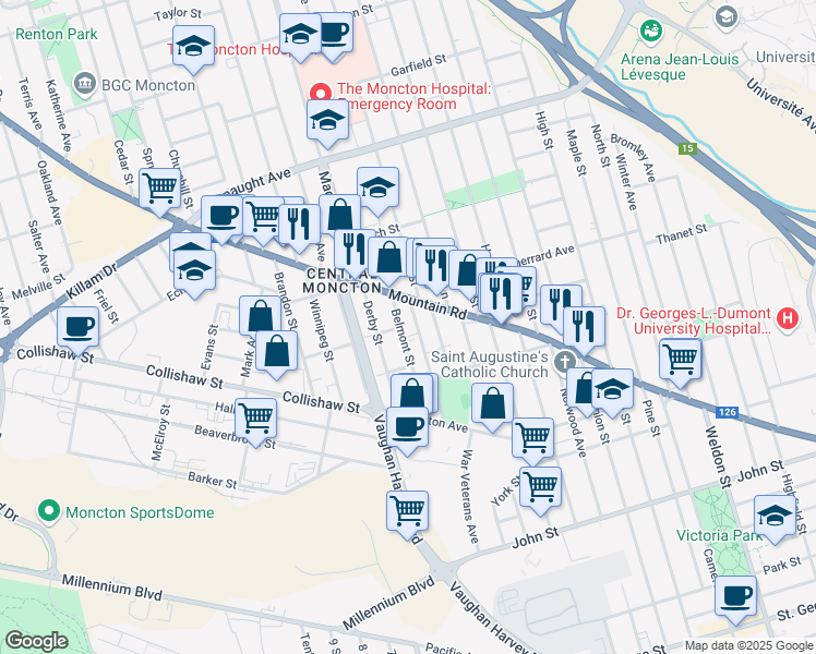 map of restaurants, bars, coffee shops, grocery stores, and more near 67 Belmont Street in Moncton