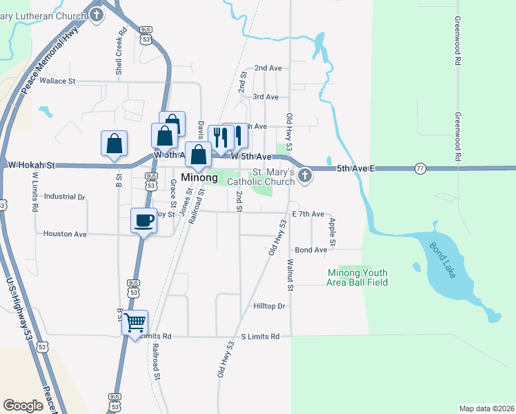 map of restaurants, bars, coffee shops, grocery stores, and more near 204 East 7th Avenue in Minong