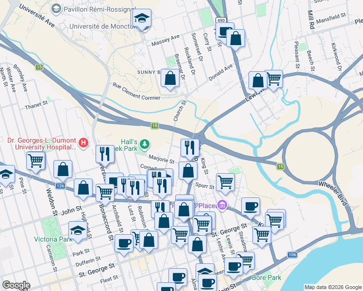 map of restaurants, bars, coffee shops, grocery stores, and more near 11 Hester Street in Moncton