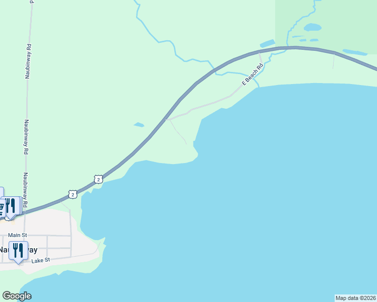 map of restaurants, bars, coffee shops, grocery stores, and more near 6242 East Beach Road in Naubinway