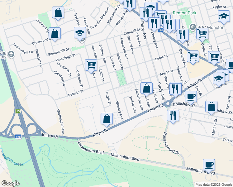 map of restaurants, bars, coffee shops, grocery stores, and more near 79 Whitney Avenue in Moncton