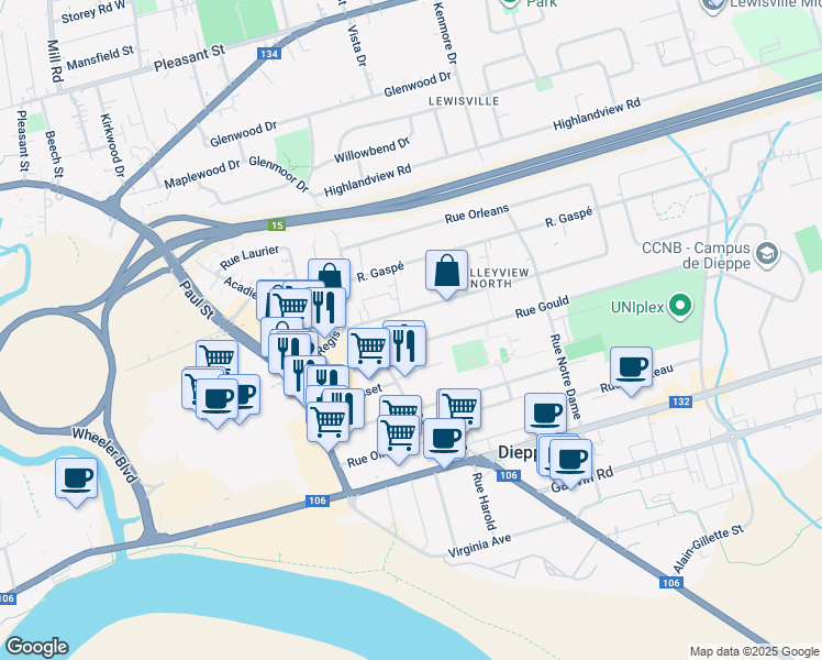 map of restaurants, bars, coffee shops, grocery stores, and more near in Dieppe