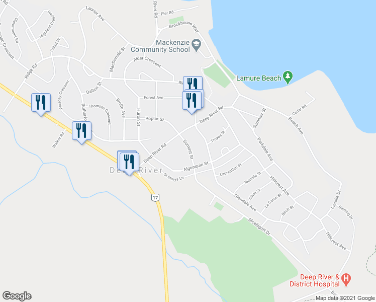 map of restaurants, bars, coffee shops, grocery stores, and more near 14 Summit Street in Deep River