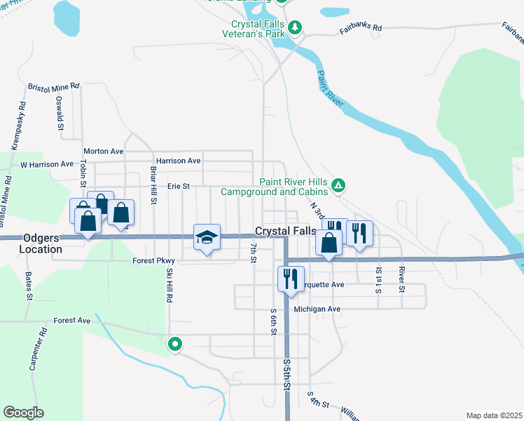 map of restaurants, bars, coffee shops, grocery stores, and more near 201 North 6th Street in Crystal Falls