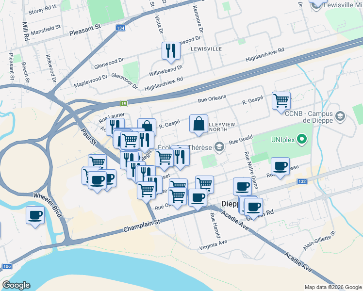 map of restaurants, bars, coffee shops, grocery stores, and more near 135 Rue Gould in Dieppe