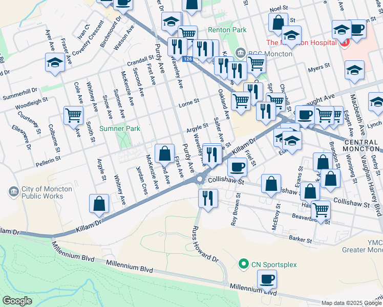 map of restaurants, bars, coffee shops, grocery stores, and more near 39 Purdy Avenue in Moncton