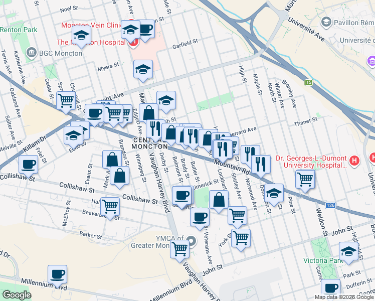map of restaurants, bars, coffee shops, grocery stores, and more near 19 Walsh Street in Moncton