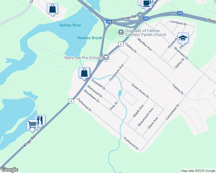 map of restaurants, bars, coffee shops, grocery stores, and more near 129 Thompson Avenue in Sydney