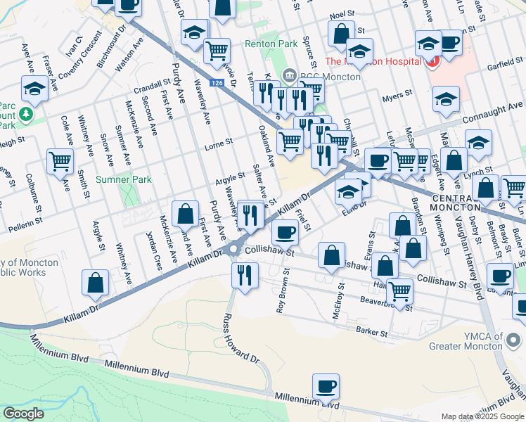 map of restaurants, bars, coffee shops, grocery stores, and more near in Moncton